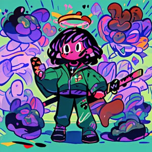 Chocolate Churros Cookie holding Chocolate Churros Sword, black hair, short hair, two side up, bowl cut, scar across eye, mole under mouth, purple, halo, Blue and Green Tracksuit