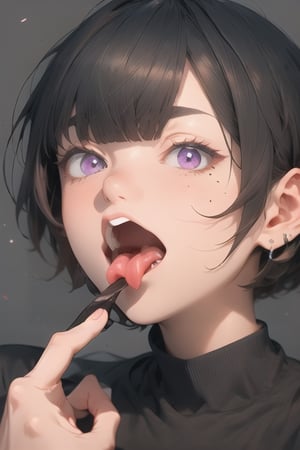 High detailed ,midjourney,perfecteyes,Color magic,piercing, tongue, purple_eyes, tongue, hair_over_one_eye, white_background, male_focus, open_mouth, mole_under_mouth, short_hair, simple_background, mole, portrait, 1boy, tongue_out, black_hair, looking_at_viewer, bangs, teeth, fangs, blurry, saliva, one_eye_covered, brown_hair, finger_in_own_mouth, solo, multiple_boys, turtleneck, black_shirt, shirt, free style,horror (theme),portrait,realistic,Mechagirl,midjourney,illustration,ASU1,fcloseup