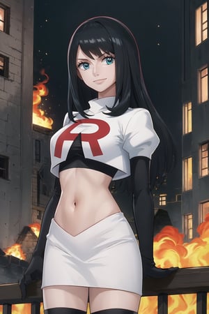 Team Rocket, cropped jacket, white jacket, crop top, jacket, gloves, black gloves, elbow gloves, navel, midriff, white skirt, miniskirt, skirt, black thighhigh boots,military_uniform,looking at viewer, city, night, sky, (intricately detailed, hyperdetailed), burning building background,depth of field, best quality, masterpiece, intricate details, tonemapping, sharp focus, hyper detailed, trending on Artstation,1 girl, high res, official art,evil smile,nicorob,  black_hair,blue_eyes