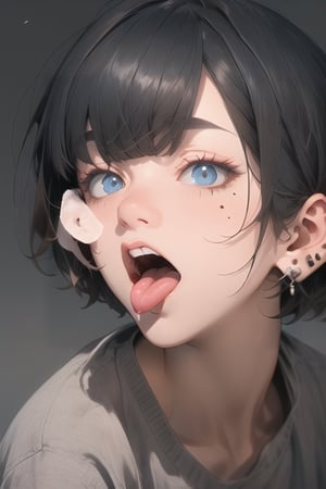 High detailed ,midjourney,perfecteyes,Color magic,piercing, tongue, 1boy, ear_piercing, male_focus, solo, tongue_piercing, tongue_out, black_hair, mole_under_mouth, black_nails, mole, jewelry, earrings, looking_at_viewer, open_mouth, grey_background, simple_background, short_hair, portrait, blue_eyes, nail_polish, purple_eyes, lip_piercing, bangs, hair_over_eyes, free style,horror (theme),portrait,realistic,Mechagirl,midjourney,illustration,ASU1,fcloseup