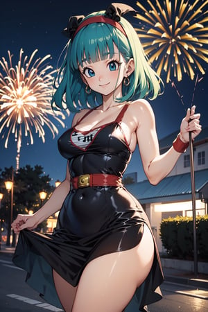 masterpiece, best quality, high resolution, dragon ball, blmmid, aquamarine hair, medium hair, blunt bangs, red headband, ((dress)), street, fireworks in the sky, (wide hips, medium breasts), ( slight smile),bulma