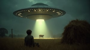 Ultra realistic close-up analog photo, depth of field, cinematic movie still, a scared village boy sits near a haystack watching a huge UFO flying saucer that abducts a cow with a beam of bright light from the bottom.