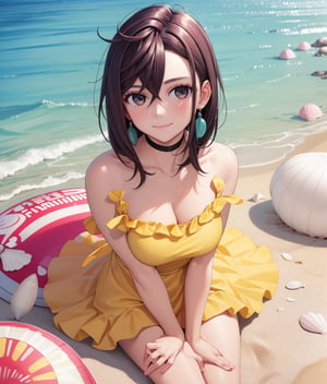 masterpiece, best quality, incredibly absurdress, highres, high detail eyes, high detail background, 1girl, yellow dress,sitting in a big pink shell,white sand beach, some shells on the beach,sunbeam, sunlight, looking at viewer, medium hair, smile, 