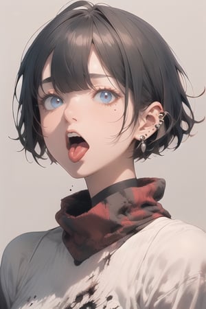 High detailed ,midjourney,perfecteyes,Color magic,piercing, tongue, 1boy, ear_piercing, male_focus, solo, tongue_piercing, tongue_out, black_hair, mole_under_mouth, black_nails, mole, jewelry, earrings, looking_at_viewer, open_mouth, grey_background, simple_background, short_hair, portrait, blue_eyes, nail_polish, purple_eyes, lip_piercing, bangs, hair_over_eyes, free style,horror (theme),portrait,realistic,Mechagirl,midjourney,illustration,ASU1,fcloseup