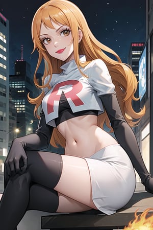 Team Rocket, cropped jacket, white jacket, crop top, jacket, gloves, black gloves, elbow gloves, navel, midriff, white skirt, miniskirt, skirt, black thighhigh boots,military_uniform,looking at viewer, city, night, sky, (intricately detailed, hyperdetailed), burning building background,depth of field, best quality, masterpiece, intricate details, tonemapping, sharp focus, hyper detailed, trending on Artstation,1 girl, high res, official art,evil smile,purple_eyeshadow,pink_lipstick,crossed_legs_(sitting),namipostn,orange_hair,brown_eyes,long_hair, nami_(one_piece),nami \(one piece\)