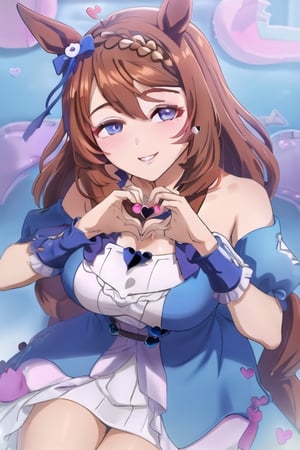 masterpiece, ultra detailed,  high resolution,  ahoge, 1girl, pov, （crown braid:1.5), braid, (hand heart:1.5), brownish red hair, blue and white dress, open shoulder, blue eyes,  brown_skin, busty, blow tie on the hair, smile, idol_master, horse_ears