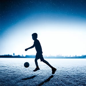 A young teenager, illuminated by the soft glow of a starry night sky, practices football in a wide, open field. The scene captures the teenager in mid-stride, dribbling the ball with focused determination. The composition highlights the contrast between the dark, starry heavens and the illuminated figure, emphasizing the solitary yet determined atmosphere of the training session.