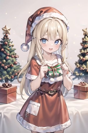 1girl, standing, happy, christmas tree, santa_costume, blonde hair, blue eyes, santa_hat