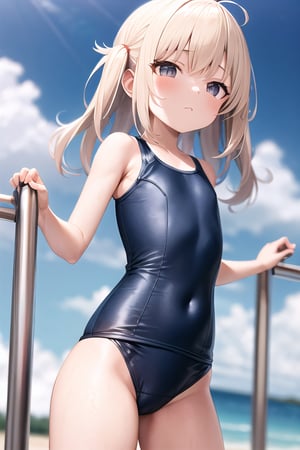 1girl, standing, swimsuit. beach, skindentation, skintight, school_swimsuit, sukimizu, short, petite, flat chest