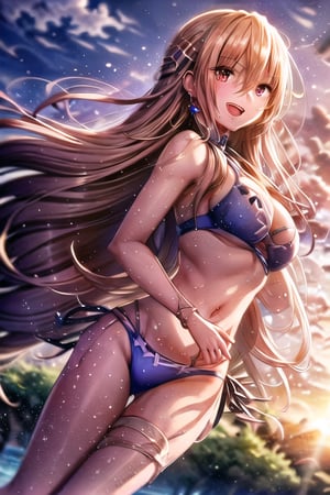 anime artwork extremely detailed CG unity 8k wallpaper, realistic, hand by Guido Daniele1girl, breasts, solo, swimsuit, long hair, tree, bikini, navel, cleavage, jewelry, palm tree, earrings, outdoors, blonde hair, very long hair, open mouth, looking at viewer, dutch angle, blue bikini, hair between eyes, sunset, hand on own face, hair ornament, medium breasts, smile, multi-strapped bikini, hand on own cheek, purple bikini, bangs, blush, red eyes, large breasts  . anime style, key visual, vibrant, studio anime,  highly detailed
