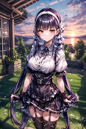 (best quality), finely detail, beautiful detailed eyes,1girl, gloves, solo, long hair, breasts, fingerless gloves, red eyes, weapon, very long hair, twintails, black hair, thighhighs, elbow gloves, large breasts, looking at viewer, ass, Kunai by the thigh, black gloves, tight shorts, thigh holster, French windows in the distance, sunset hues, latent action,bike shorts