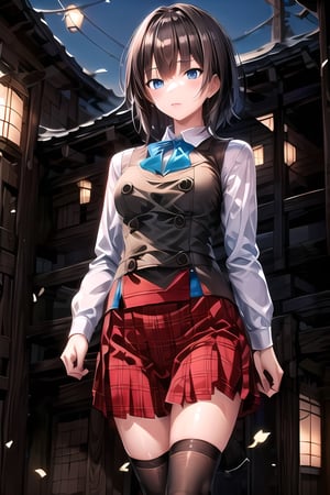 extremely detailed CG unity 8k wallpaper, realistic, lying, 1girl, skirt, brown hair, short hair, socks, kneehighs, school uniform, plaid, plaid skirt, breasts, vest, green eyes, solo, standing, blue eyes, black socks, bangs, long sleeves,