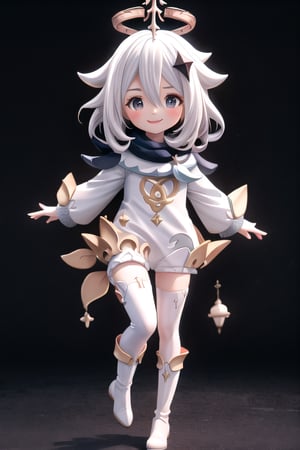 best quality, masterpiece, absurdres, hyperrealistic, 8k, dramatic, 1girl, solo, thighhighs, paimon (genshin impact), long sleeves, white dress, dress, halo, thighhighs under boots, single thighhigh, bangs, boots, hair between eyes, white footwear,  white thighhighs, white hair, best quality, masterpiece, absurdres, hyperrealistic, 8k, dramatic, jumping, mid air, smile, short legs, loli