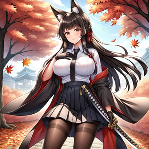 1girl, solo, long hair, breasts, looking at viewer, bangs, skirt, large breasts, shirt, black hair, red eyes, gloves, long sleeves, holding, animal ears, closed mouth, standing, jacket, white shirt, weapon, braid, pantyhose, cowboy shot, pleated skirt, outdoors, japanese clothes, open clothes, necktie, day, black gloves, collared shirt, sword, hand up, wide sleeves, blunt bangs, black skirt, holding weapon, tree, animal ear fluff, black pantyhose, fox ears, leaf, holding sword, katana, hand on own chest, sheath, black necktie, brown pantyhose, sheathed, autumn leaves, maple leaf, falling leaves, animal_ears, hoshimi_miyabi