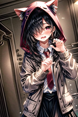 extremely detailed CG unity 8k wallpaper, realistic, laboratory,upper body,1girl, skirt, solo, pink hood,  long hair, blurry background, blurry, very long hair, shirt, hair over one eye, depth of field, pleated skirt, white jacket, collared shirt, jacket, claw pose, long sleeves, hood up, (black hair), bangs, white shirt, wavy mouth, pink hood, fang, pink animal hood, necktie, looking at viewer, blush, animal ears, black skirt, pink hooded jacket, blue skirt, open mouth, hair between eyes, purple eyes, dutch angle, fake animal ears, yellow necktie, sleeves past wrists, indoors, sweat, standing, red eyes, short and small,  cat  pose, nice hands, perfect hands,