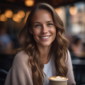 1girl, portrait, bokeh, masterpiece, natural light, accurate, anatomically correct, textured skin, front lighting, f/1.8, 90mm, Fujifilm GFX 50R, regina display, super detail, high details, high quality, best quality, highres, UHD, 1080P, HD, 4K, 8K, wavy hair, bashful grin and shy smile, cafe, terrace seating, latte art