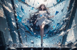 (abstract background1.2), ((1girl)), beautiful, (masterpiece:1.2), (best quality:1.2 , ultra detailed ,8K ,floating glass shards , reflections, broken glass, cracked reality, mirror world