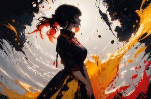 1 girl, black background, (splatter art:1.2) (red and yellow aura:1.1), (embroideries:1.2), dress, looking away, (silhouette:1.4), portrait