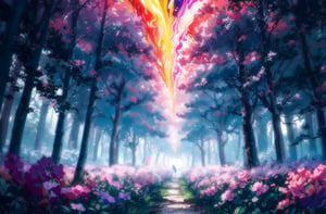 no humans, willow-o-wisp, nature, flowers, lots of flowers, ((Beautiful lighting, dynamic lighting)),  (psychedelic:1.3)