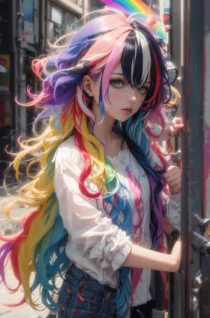 try (streaked hair:1.3) or multicolored hair, rainbow hair, etc.
and add color tags ie blue hair, purple hair, pink hair
that prompt from that rainbow/wild hair one was 
(masterpiece:1.1), (highest quality:1.1), (HDR:1.0), girl with really wild hair, mane, multicolored hairlighting, (from front:0.6)
