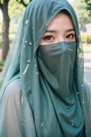 (8k, best quality, masterpiece:1.2), (realistic, photo-realistic:1.3), ultra-detailed, best quality, depth of field, sharp focus,(bokeh:1.2),1girl,solo, a beautiful young woman hijab, ((dark green hijab)), (((covering mouth, green loose long veil:1.1))), upper body, detailed brown eyes, perfect eyes, symmetrical eyes,More Detail