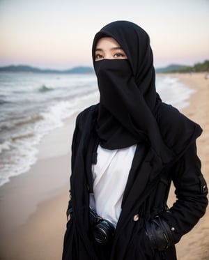 (best quality,4k,8k,highres,masterpiece:1.2),ultra-detailed,(realistic,photorealistic,photo-realistic:1.37),beautiful modeling young woman hijab, (black hijab:1.3), ((covering mouth:1.2)), (18yo old), (wearing black sweater:1.2), (round eyes, looking at viewer),graveline, upper_body,posing in beach,Detailedface,veil,graveline 