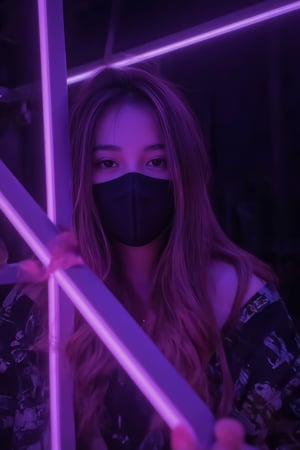 A moody, conceptual portrait of a young woman surrounded by the eerie glow of neon lights, he is wearing black mask,Shot on an iPhone X with a telephoto lens, the image captures the subject's enigmatic expression amidst a dark hue background. Volumetric lighting accentuates her features, as if illuminated from within,girl,asmara