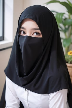 (8k, best quality, masterpiece:1.2), (realistic, photo-realistic:1.3), ultra-detailed, best quality, depth of field, sharp focus, (sitting at small room:1.1, flower pot, window),1girl,solo, a beautiful young woman with black hijab, (((black hijab, plan veil:1.1))), ((covering mouth)), ((long sleeve white shirt:1.2)), upper body, happy, pose, (((small breasts))), detailed brown eyes, perfect eyes, symmetrical eyes, perfect eyes, viola, veil, more detail