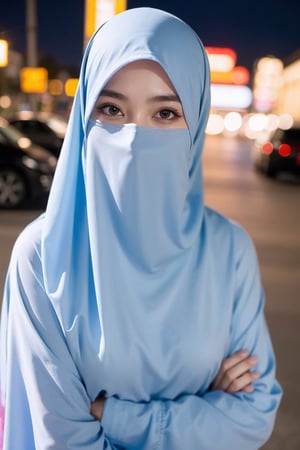 (8k, best quality, masterpiece:1.2), (realistic, photo-realistic:1.3), ultra-detailed, best quality, depth of field, sharp focus,(night, street background:1.2),1girl,solo, a beautiful young woman with brown hijab, (((covering mouth, veil:1.1))), ((long sleeve Muslim shirt:1.1)), upper body, happy, pose, (((small breasts))), detailed brown eyes, perfect eyes, symmetrical eyes,perfect eyes,viola,veil,more detail