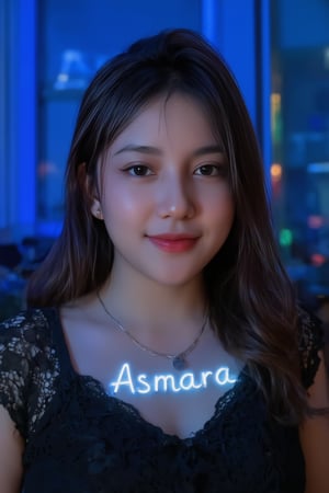 a hubgwoman with long dark hair, wearing a black lace dress, adorned with a necklace and earrings. The woman's chest is adorned with blue letters that spell out "Asmara" in a glowing light-up font. The backdrop is a vibrant blue, with a few colorful lights in the distance, smile,