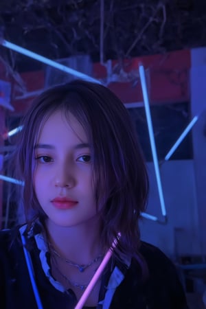 A moody, conceptual portrait of a young woman surrounded by the eerie glow of neon lights. Shot on an iPhone X with a telephoto lens, the image captures the subject's enigmatic expression amidst a dark hue background. Volumetric lighting accentuates her features, as if illuminated from within,girl,asmara