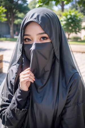(8k, best quality, masterpiece:1.2), (realistic, photo-realistic:1.3), ultra-detailed, best quality, depth of field, sharp focus,(bokeh:1.2),1girl,solo, a beautiful young woman hijab, ((dark gray hijab)), (((covering mouth, grey loose long veil:1.1))), upper body, detailed brown eyes, perfect eyes, symmetrical eyes,More Detail