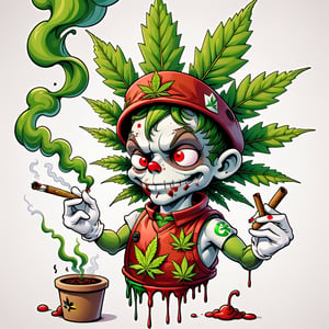cartoon of a pot leaf smoking a blunt, bloodshot_eyes,white gloves on his hands very_well_drawn,detailed,colorful,bright