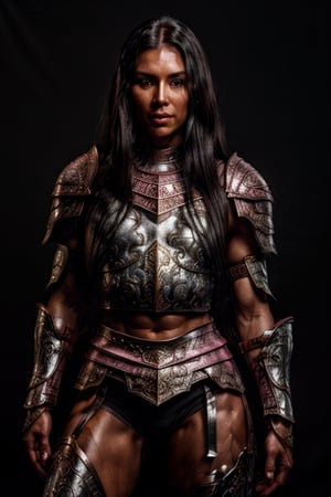 fitness woman, strong abs, with pink silver armor, you can see her abs, legs and arms, very black and very long hair, extremely long hair, black hair, amazon warrior armor, white woman, 28 years old, white skin, european woman, WHITE SKIN