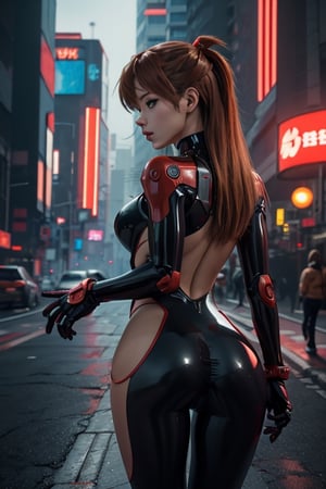 photographic cinematic super super high detailed super realistic image of Asuka Langley undress from a latex plug suit red with robotic limbs, in a cyberpunk setting, undressing self, seductive, sexy, high details, realistic, photorealism, 8k,souryuuasukalangley, 4k HDR high quality image, masterpiece,8k, photorealistic, physique is well toned, radiating an aura of power, cyberpunk style, wearing armor, high detail, octane render, dynamic pose, souryuuasukalangley,round ass,gape,cutout dress,pole between breasts,from behind