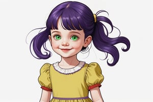 Imagine a line art of a little girl named Doris, with dark violet hair, green eyes, a happy kid, and precise anatomy, against a white background. Her well-designed Dress is in secondary colors. delightful canvas in red, yellow and blue