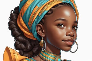 Imagine a line art of a young African girl named Cynthia, with dark braided hair, bright brown eyes, beautiful mouth, a happy young girl, and precise anatomy, against a white background. Her well-designed full gown is intricately detailed in a triadic color scheme, turquoise, yellow, orange