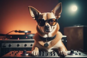 DJ dog, warm cinematic color grade, vintage photography