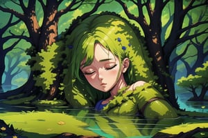 A girl sleeping over the green water, tree mother, natural_background, high detailed.