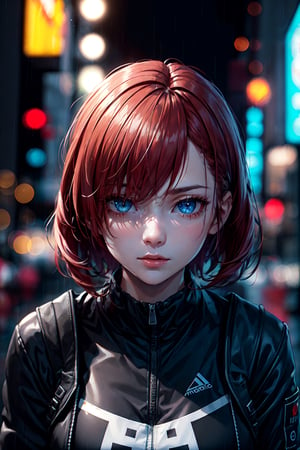 ultra-high res, ultra-detailed, beautiful and aesthetic, perfect detailed face, detailed eyes, highly detailed,ultra-detailed, extremely detailed CG unity 8k,(masterpiece, top quality, best quality, official art, beautiful and aesthetic:1.2), 1girl, red hair, urban clothes, cyberpunk style, rainy night, neon lights, buildings in the background, street, urban techwear, lowkey, dim light,urban techwear,blurry_light_background