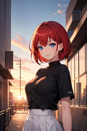 1girl, upper body, smile, red hair, short hair, blue eyes, large breasts, black t-shirt, white skirt, city, sunset, volumetric light, hdr, cinematic shot