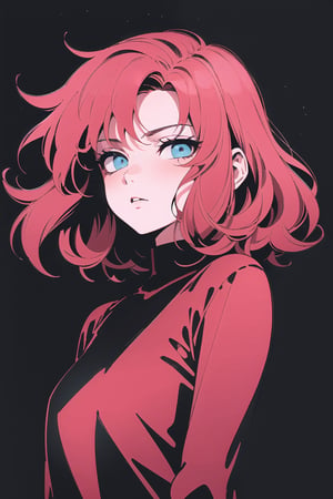 (flat color:1.3), masterpiece, highres,1girl, upper body, short red hair,blue eyes, simple background,1990s (style), (dark atmosphere), chromatic aberration