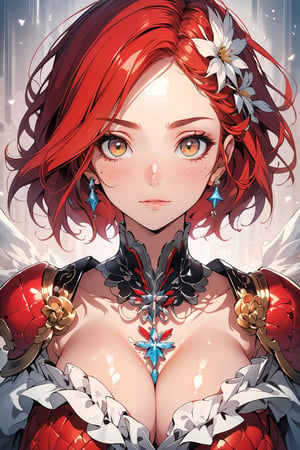 ultra-high res, ultra-detailed, beautiful and aesthetic, perfect detailed face, detailed eyes, highly detailed,ultra-detailed, extremely detailed CG unity 8k,(masterpiece, top quality, best quality, official art, beautiful and aesthetic:1.2), 1girl, red hair. short hair, white eyes ,(big_breasts:1.5), (portrait:1.4), midjourney,midjourney