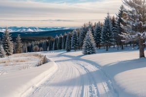 A Christmas tree farm with rows of trees and snow-covered fields in the background.