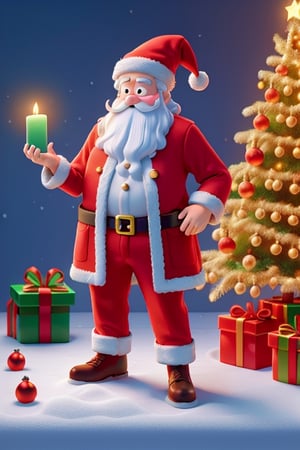 Santa Claus placing gifts undeneath a sprakling Christmas tree