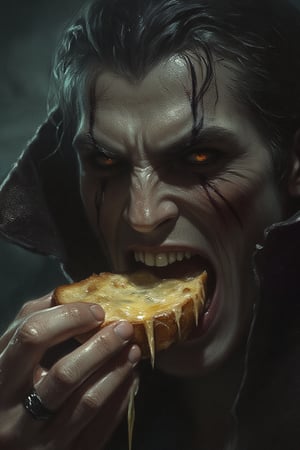 closeup portrait shot of a vampire man in a scenic dystopian environment with his mouth open showing his fangs while taking a bite of garlic cheese bread, intricate, elegant, highly detailed, centered, digital painting, artstation, concept art, smooth, sharp focus, illustration, artgerm, tomasz alen kopera, peter mohrbacher, donato giancola, joseph christian leyendecker, wlop, boris vallejo. the atmosphere is dark and foggy.
dark, texture, vintage, light particles, dust, noise, grainy, film grain, pure black