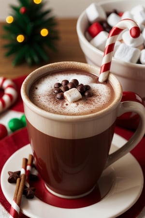 A cup of hot cocoa with marshmallows and a candy cane stirrer.