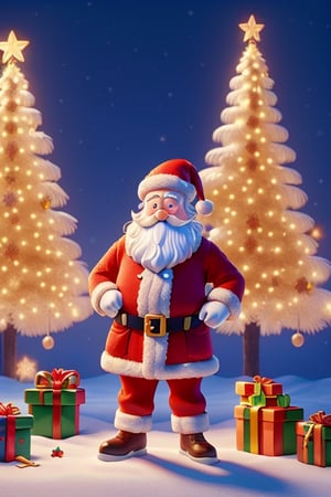 Santa Claus placing gifts undeneath a sparkling Christmas tree