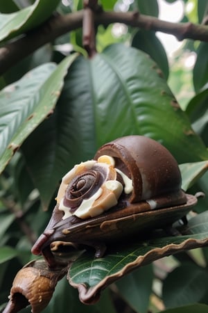 highly detailed snail sitting on a leaf in a tree, with a white chocolate truffle shell perfect lighting, shadows, sharp focus, ((8k high definition, insanely detailed, intricate, masterpiece)), chocolate,Cyberpunk,Turtwig_Pokemon