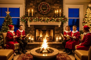 A group of carolers singing in front of a fireplace.,DonMN30nChr1stGh0sts